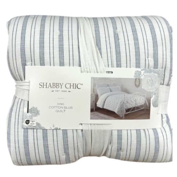 Shabby Chic Blue and White Striped King Cotton Slub Quilt - Picture 1 of 3